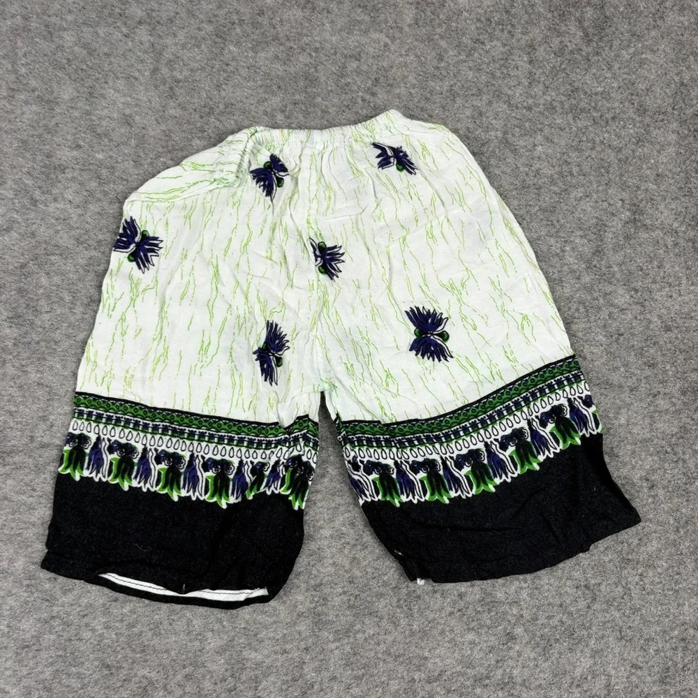 Vintage Boho Patterned Shorts Women Small‎ White Green Black Elastic Waist